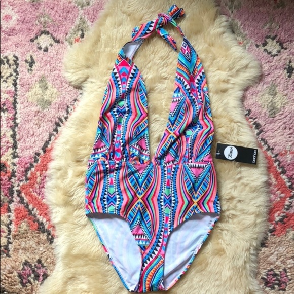 ASOS Aztec Plunge Neck Swimsuit Halter Pattern - Picture 2 of 8